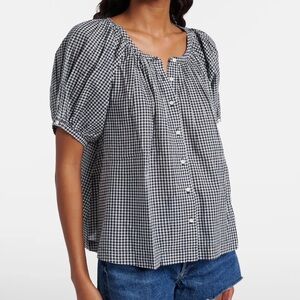 INDUSTRY BLUE COTTON GINGHAM CHECK JUNE PUFF SLEEVE BOHO TOP COTTAGECORE Ivory S